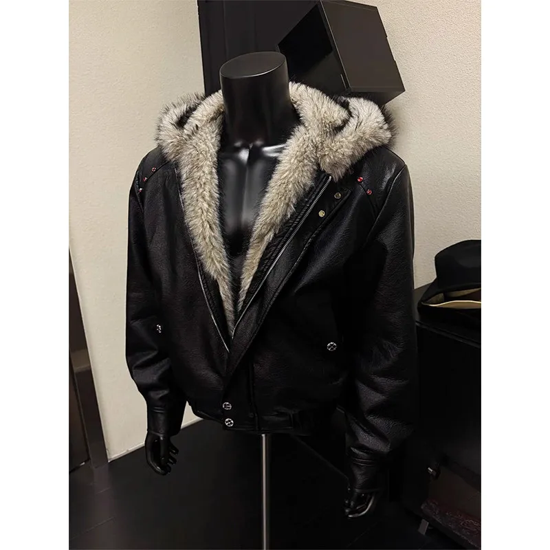 

2025 Autumn/Winter Men's Plush Hooded Leather Jacket Cotton Jacket Black Long Sleeve Warm American Top Retro Fashion Casual