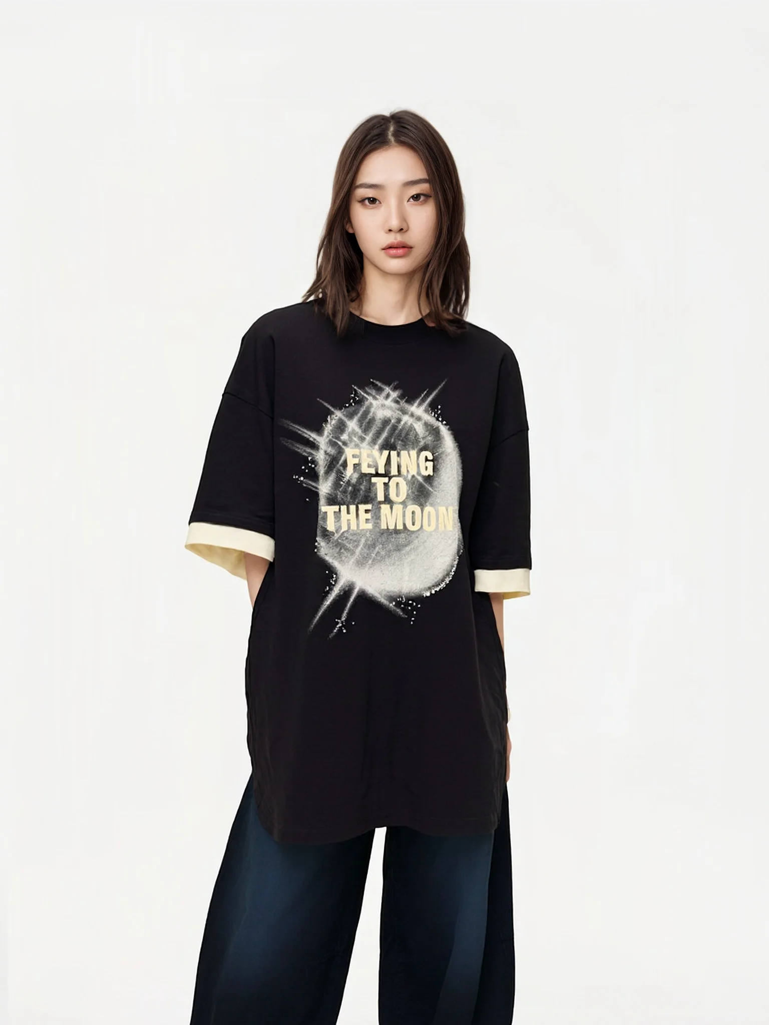 

Bla Loose Fit Mid-Length T-irt round Ne Print Design French Sle Casual Cotton Blend Summer Top for Women