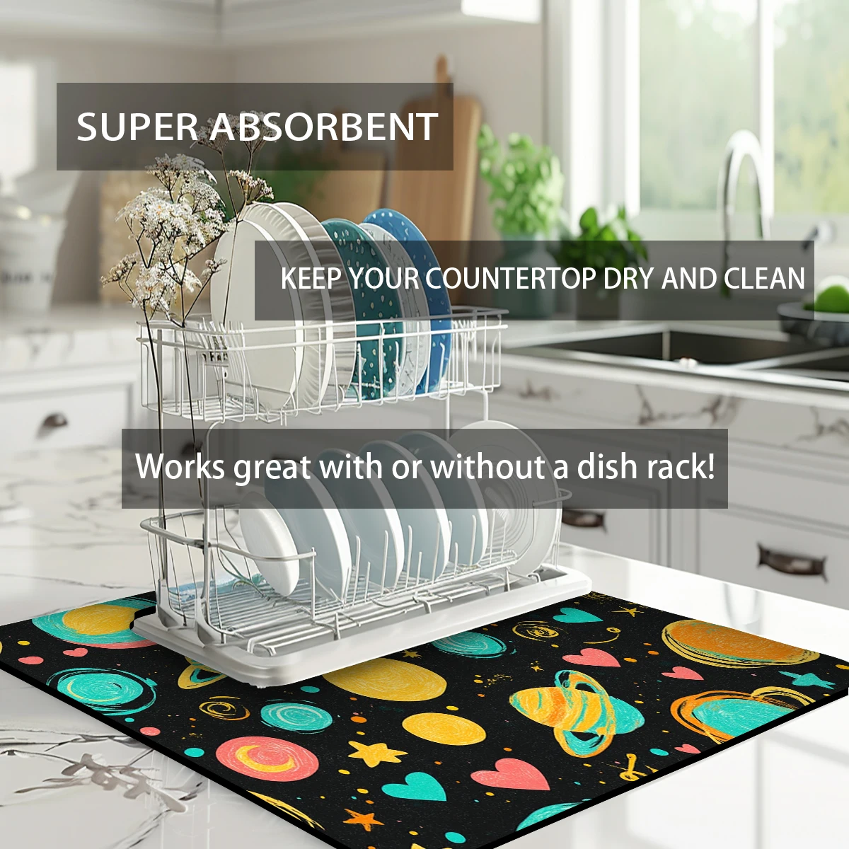 Absorbent Mat Planet Love Star Kitchen Antiskid Drying Mat Quick Dry Bathroom Drain Pad Tableware Mat