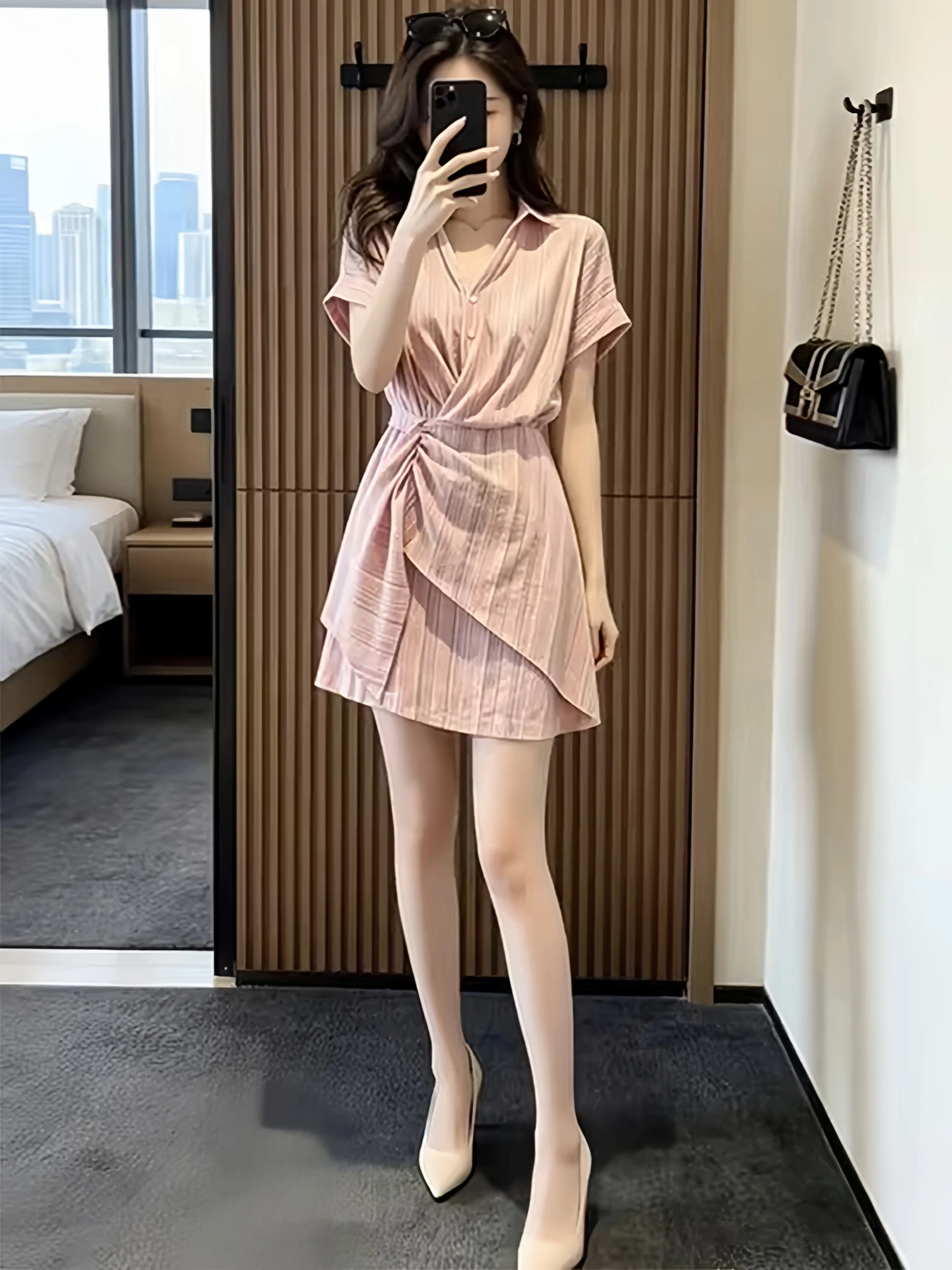 

Elegant Shirt Collar Dress Slimming Pleated High Waist A-Line Summer New Arrival Women's Fashion Vintage Style Casual Dress