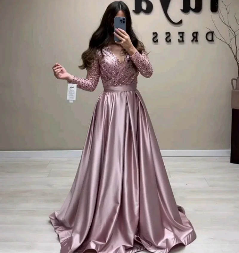 Customized  Robe De Soirée Long Evening Gown Custom Made Formal Party Dress Glitter Satin Long Sleeves Ruched Prom Dresses