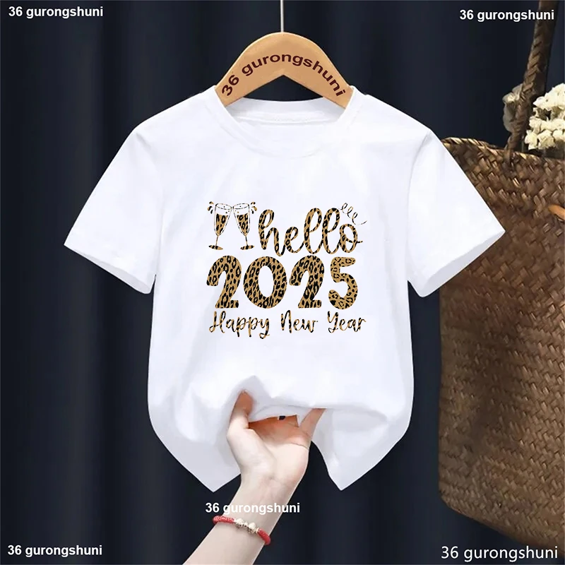 New Leopard print Hello 2025 T-Shirt Happy New Year Party Gift Merry Christmas Tshirt Boys Girls Kids Clothes Harajuku Tees Tops