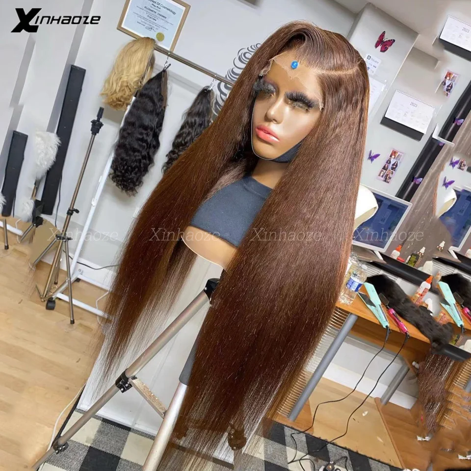 Dark Brown Kinky Straight Full Lace Wig Human Hair Full Density Kinky Straight Glueless Full Lace Wigs Can Make High Ponytail