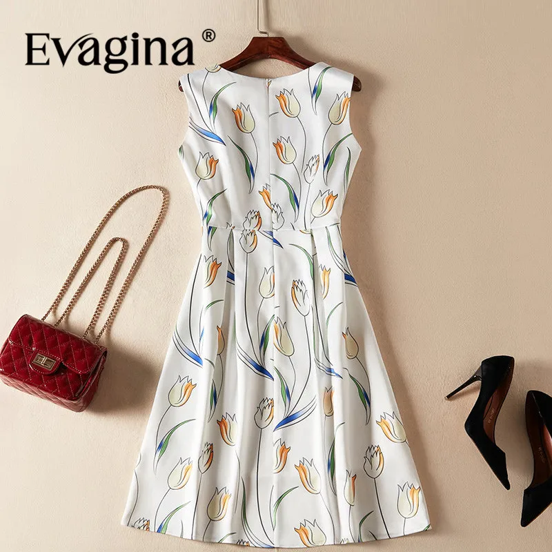 Evagina Flower Print Sleeveless Mini Dress 2024 Spring Summer New Women's Ivory White High Street Elegant Party Dresses