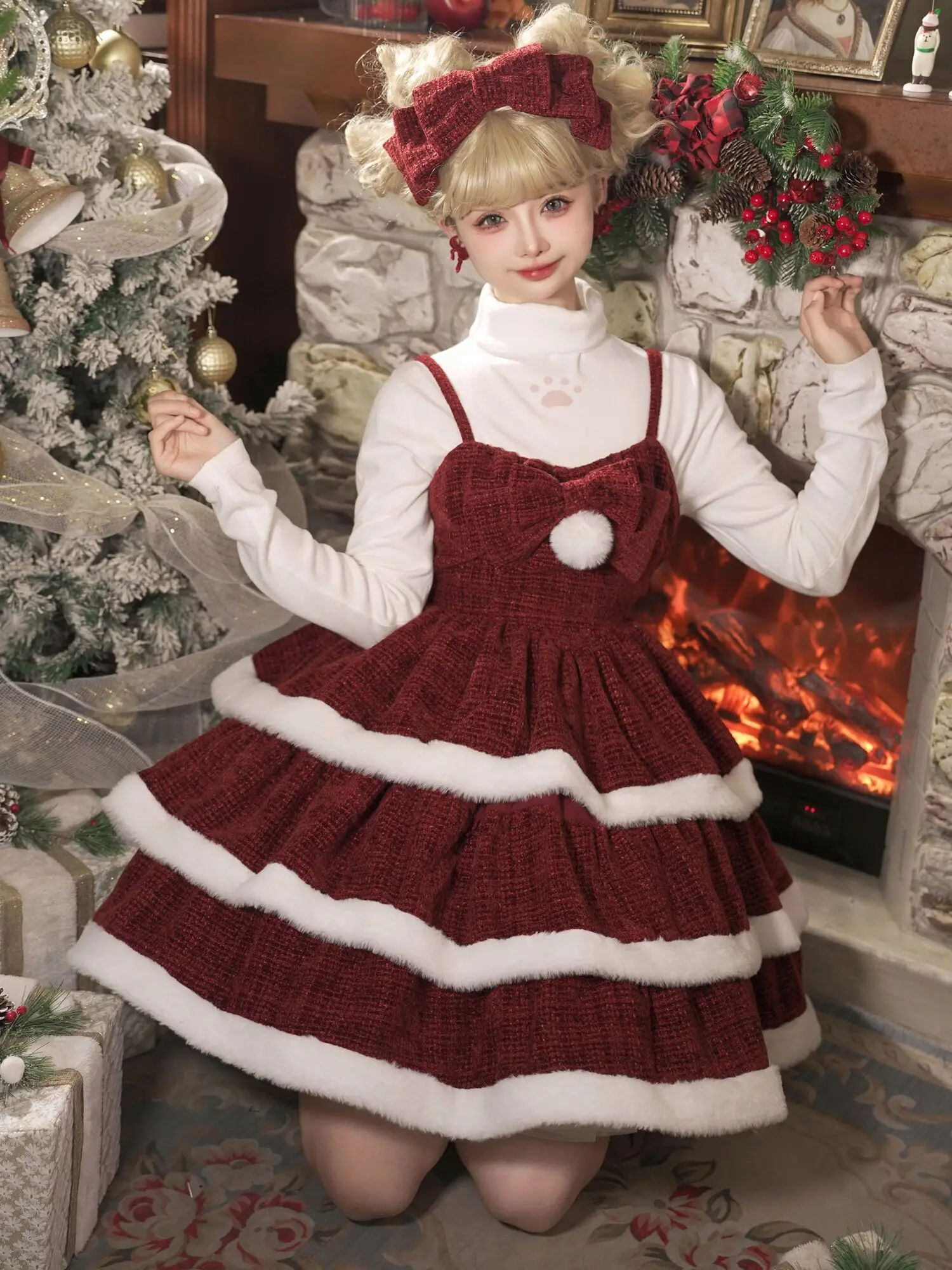 Nieuwe originele Kerst lolita Jurk Cape Nieuwjaar Rode Zoete Leuke Lolita prachtige elegante jurk set