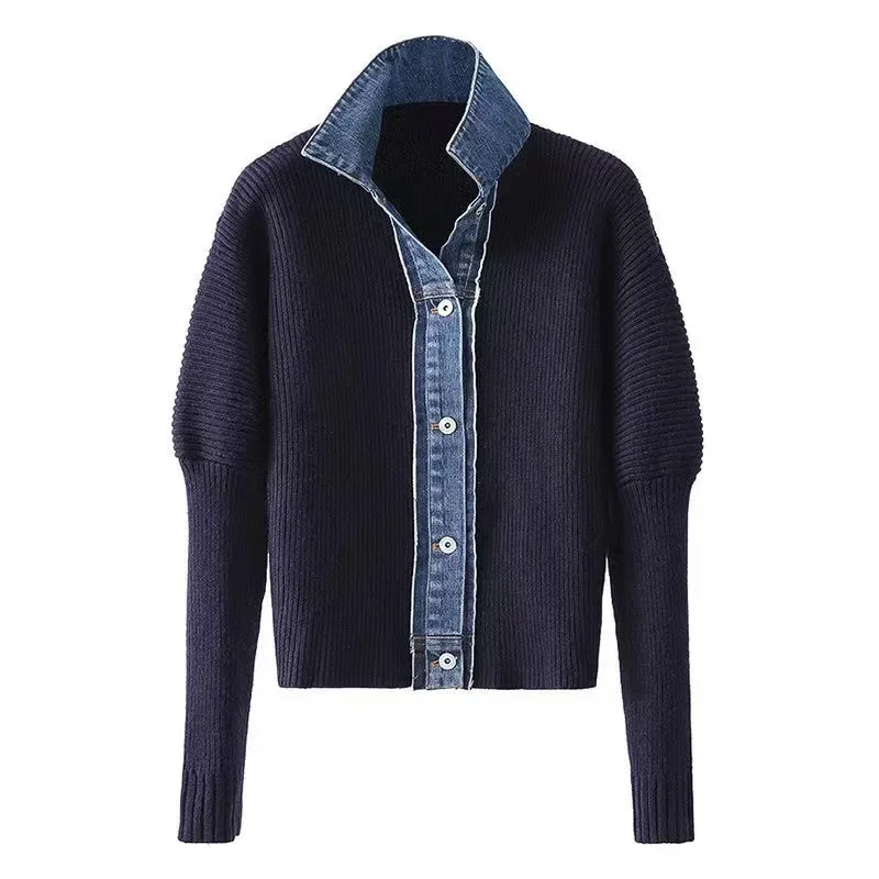 

Vintage Denim Patchwork Jacket Women Long Sleeve Knitted Cardigan Korean Fashion Jumper Coats Polo Neck Tops Casual Loose New