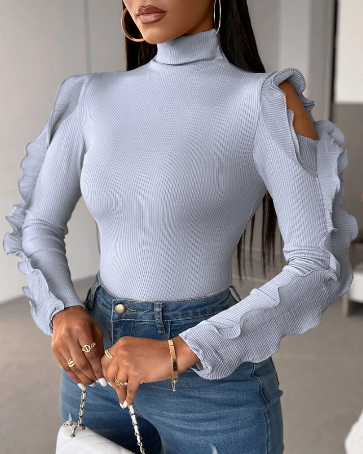 

2024 New Fashion Women's Blouse Tops Mock Neck Sheer Mesh Hollow Out Ruffle Hem Long Sleeve Top Elegant Tight Fitting Tee Tops