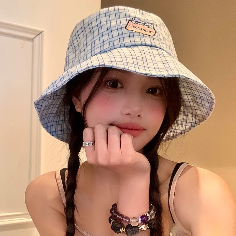 Cute Puppy Embroidery Blue Plaid Bucket Hats for Women Spring and Summer Travel Leisure Sunscreen Versatile Thin Basin Caps