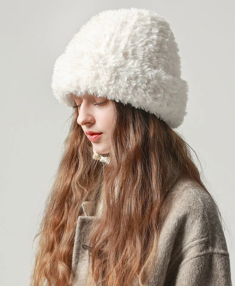 NOOFNO Fall/Winter Beanies Wigs for Women,Thick Plush Skull Warm Wool Knitted Hat with Hair Attached,White Women\'s Cap Wig