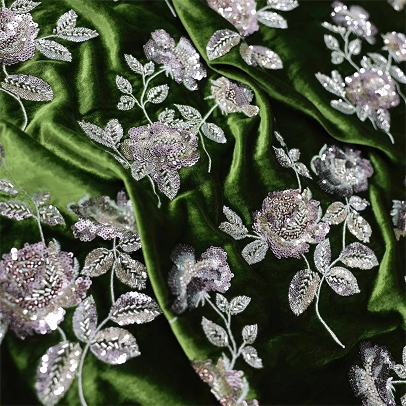 Zhihua Yi Silk Velvet Heavy Industry Nail Bead Embroidery Designer Satin High-quality Hanfu Autumn/winter Silk Fabric Emerald