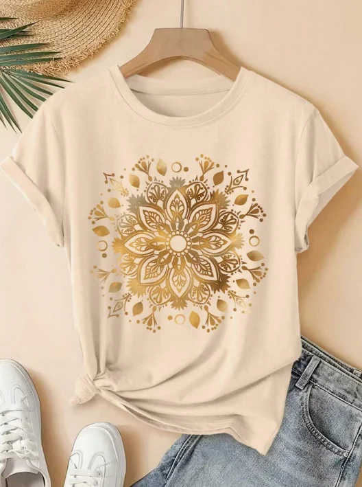 2026 Fashion New Plus Size Women Crew Neck Short Sleeve T Shirt Golden Mandala Graphic Print Stretchy Non Sheer Machine Washable Summer Casual Basic Top Tee