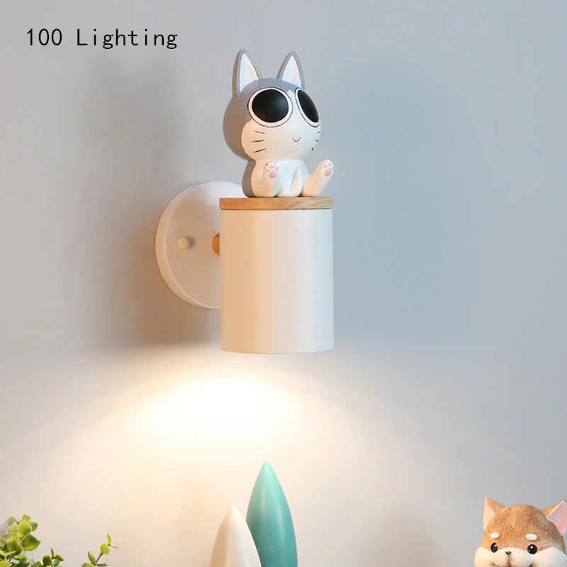 

Cute Cat Wall Lamp Wood Children's Room Lighting Fixtures E27 Bulb Bedroom Foyer Sconce Home Deco Dropshipping 110-240V