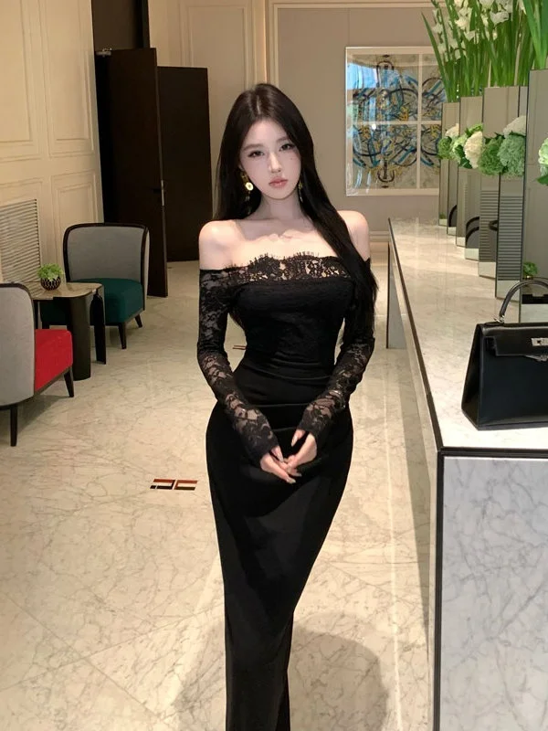 

Pure Desire Сексуальное кружевное платье на одно плечо для похудения, внутренняя одежда, длинная юбка с запахом для осени и зимы, модные деловые...