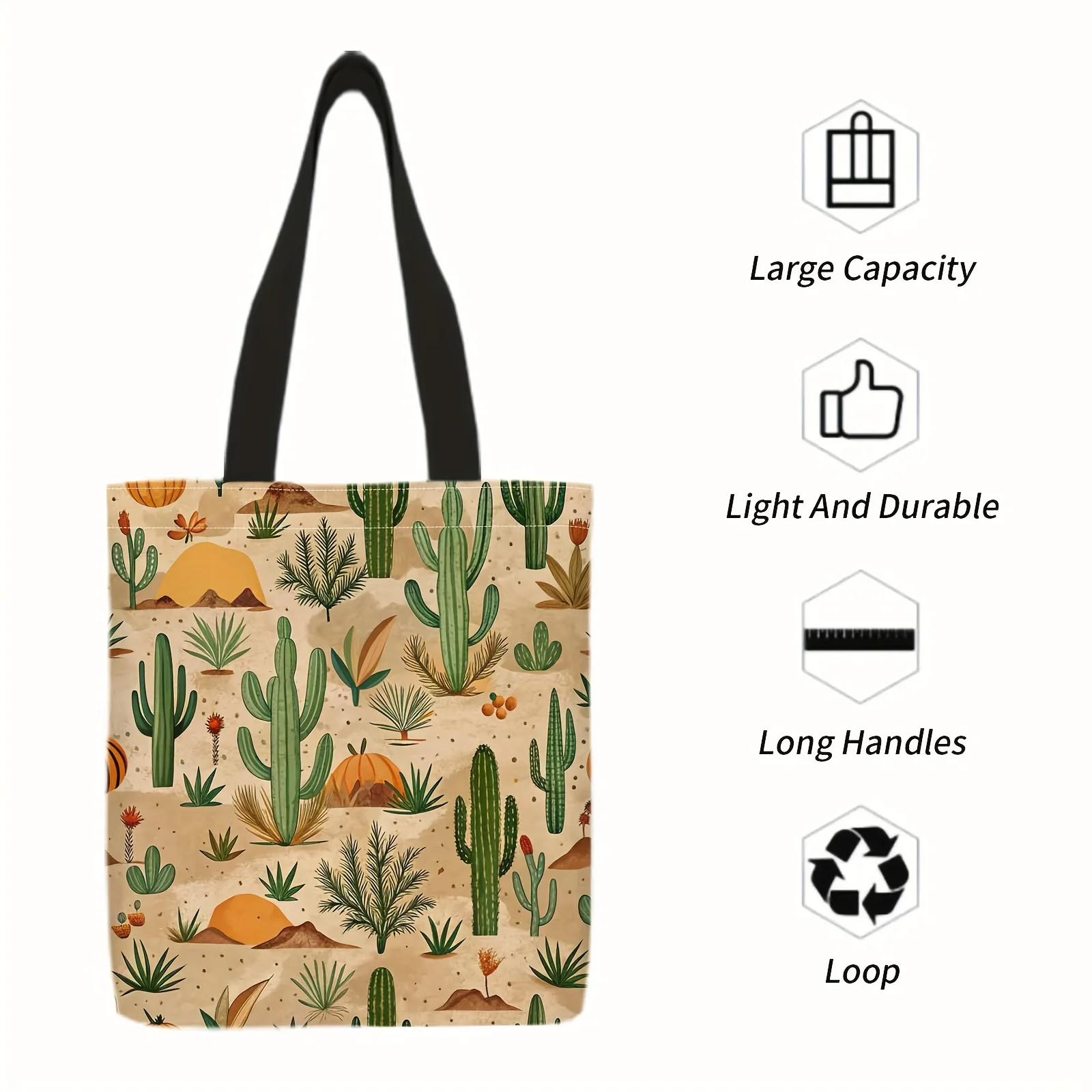 1pc Tote Bag Unsealed - Cactus, Desert Pattern - Reusable, Durable, High-Quality Tote Bag with Spacious Interior