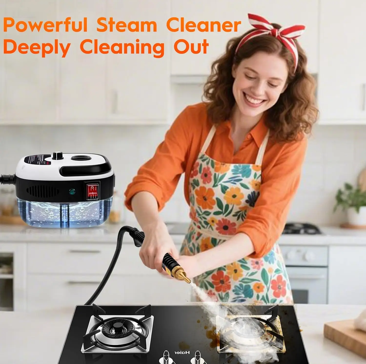 2500W Handheld Steam Cleaner, 1L Portable Steam Machine with 3 Brush Heads for Kitchen, Home, Car Cleaning (White)