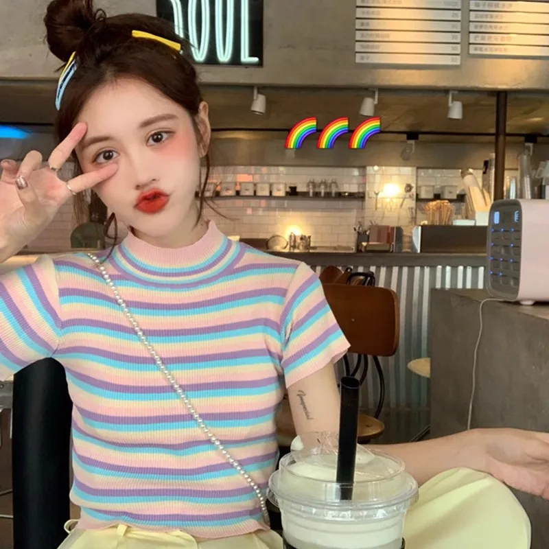 Spring Summer Women's Korean Style Short Sleeve Knitted T-Shirt Striped Slim Fit Base Layer Top Student Inner Wear Shirt