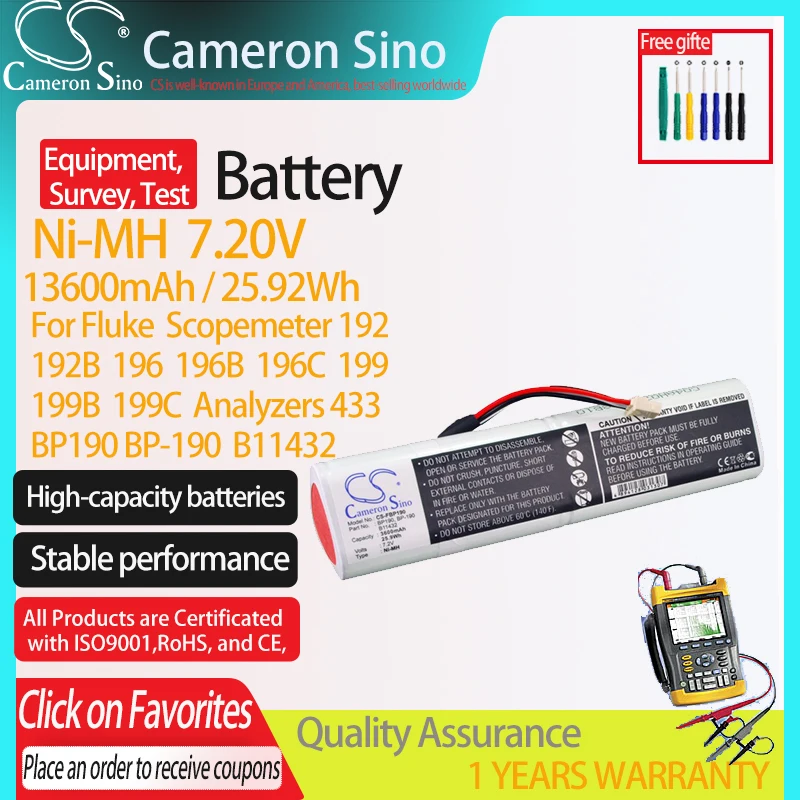 CS Equipment, Survey, Test Battery for Fluke Scopemeter 192 192B 196 196B 196C 199 199B Analyzers 433 Fits 677390 B11432  BP190