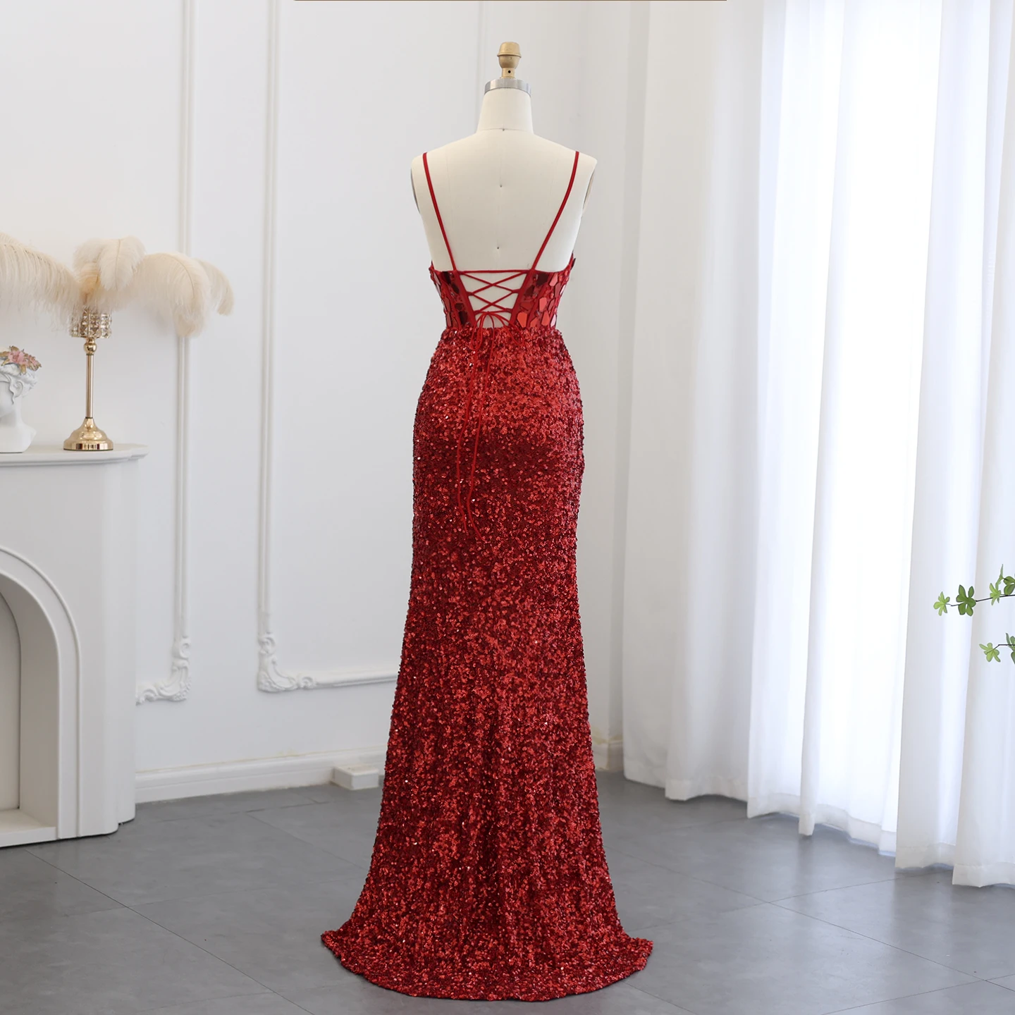 シャロンは見事なワインレッドのスパンコール恋人マーメイドウエディングドレスとスリットレースアップロングイブニングパーティードレス SH307 カスタマイズ