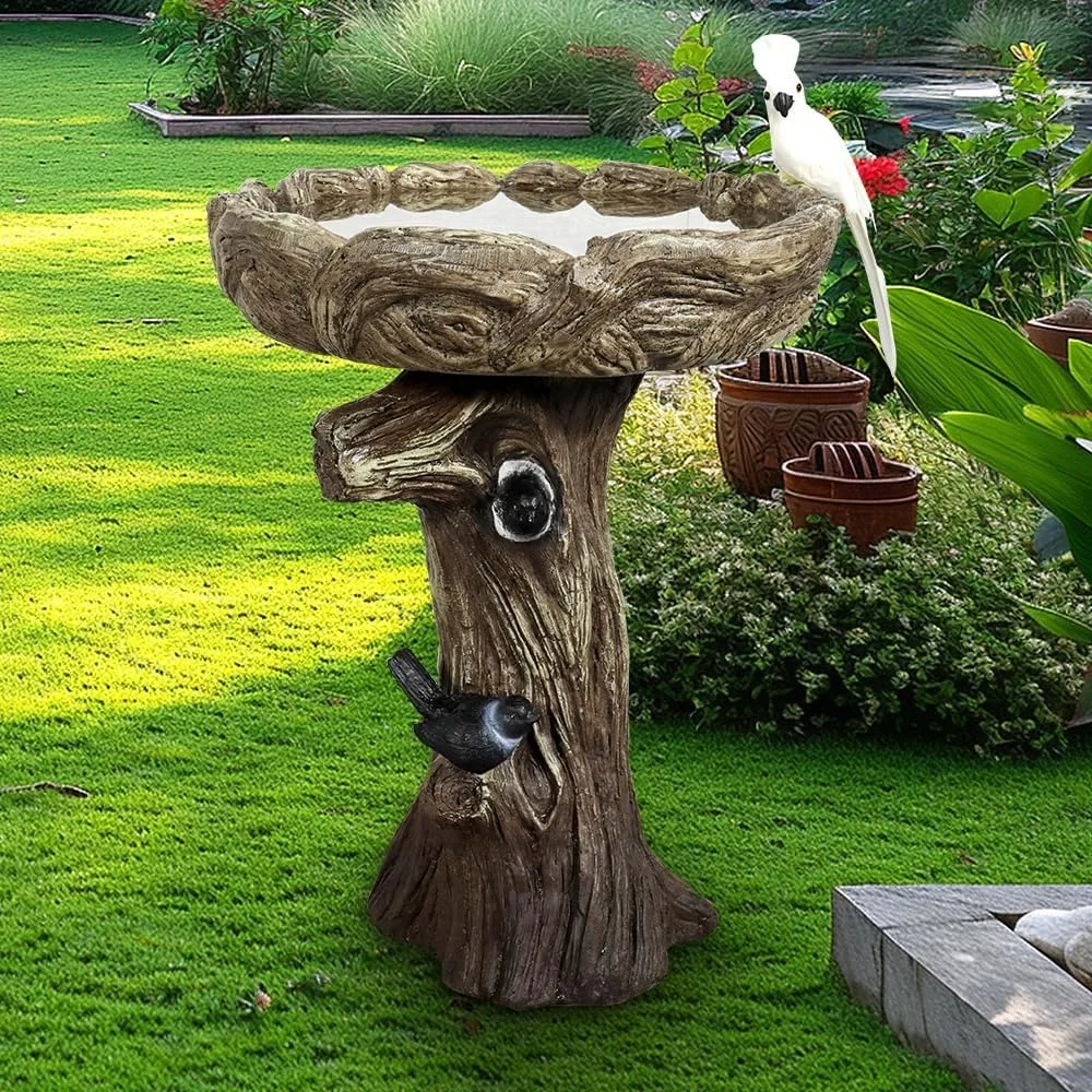 

23” Tall Fibre Reinforced Concrete Birdbaths with Birds for Patio, Woodland Tree Trunk Decorative Outdoor Bird Bath for Garden