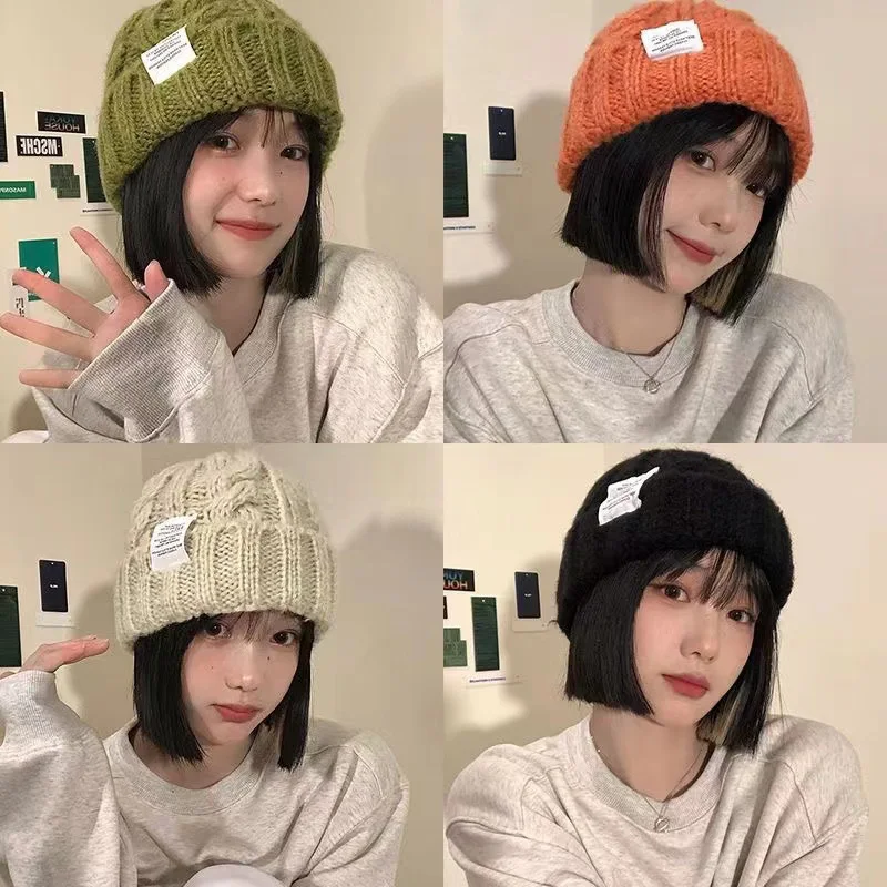 

Autumn Winter Knitted Beanies for Women Girls Twist Stripe Woolen Hat Korean Solid Bonnet Warm Thick Ear Protection Pullover Cap