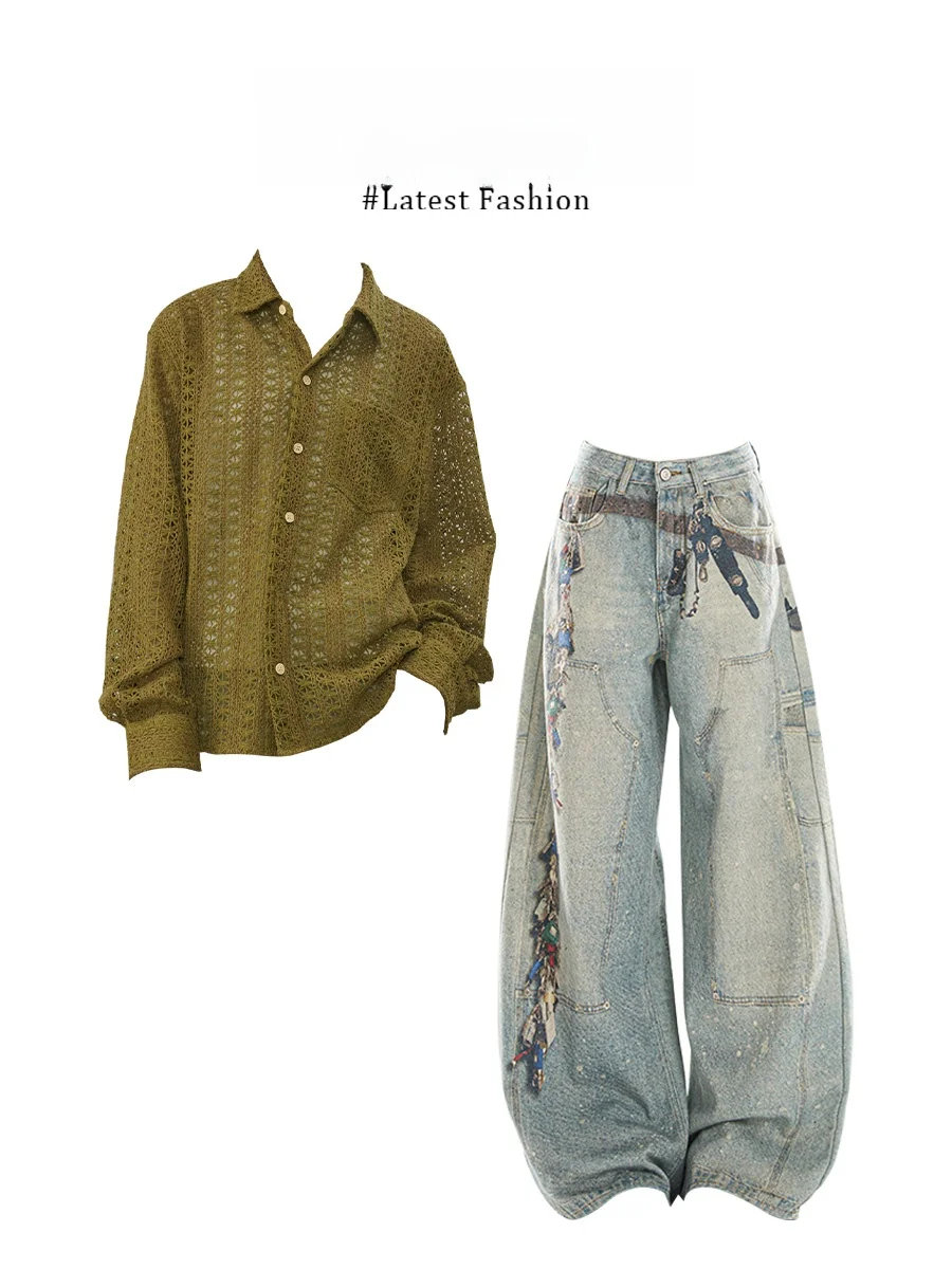 

Комплект Parkyeon в корейском стиле для ранней осени: женская рубашка и джинсы с ажурным дизайном, теплая утолщенная рубашка с длинным рукавом, повседневная одежда.