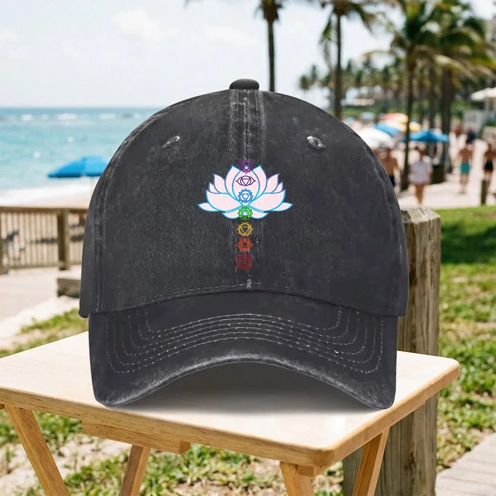 Seven Chakras Lotus Retro Washed Baseball Cap Female Cowboy Sun Hats Hip Hop Mens Snapback Cap
