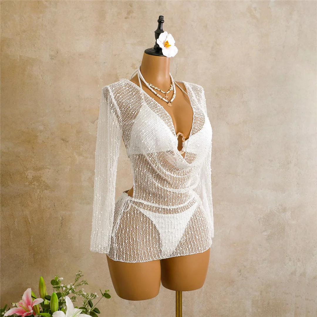 Sexy Neckholder-Bikini, Damen-Badeanzug, dreiteiliges Bikini-Set mit langärmeligem Kleid, Badeanzug, Badebekleidung, Schwimmanzug V7925C – Detail 20
