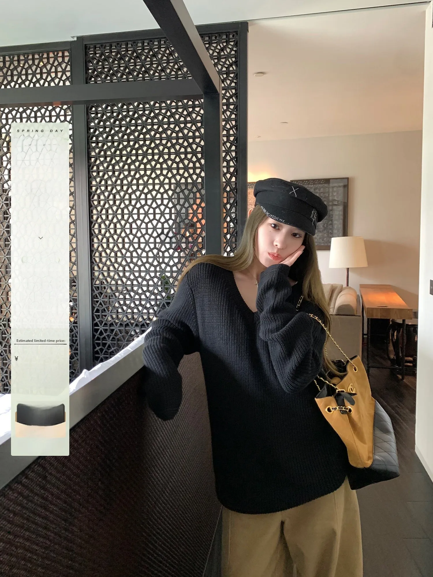 

Hhyii Lazy Style Black V-Neck Knitted Sweater Women's Loose Long Sleeve Overhead Top Korean High-End Feel Autumn Fashion