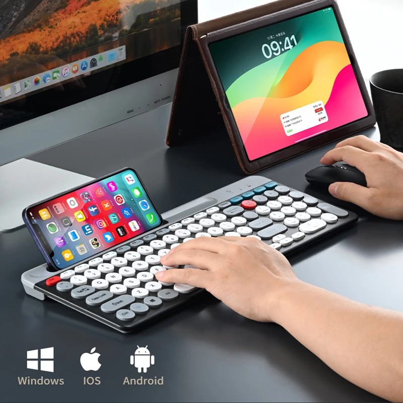 Multi-Device (Bluetooth+2.4G) Keyboard Mouse with Phone Tablet Holder,Rechargeable Keyboard Compatible for Mac/iOS/Android/Win7