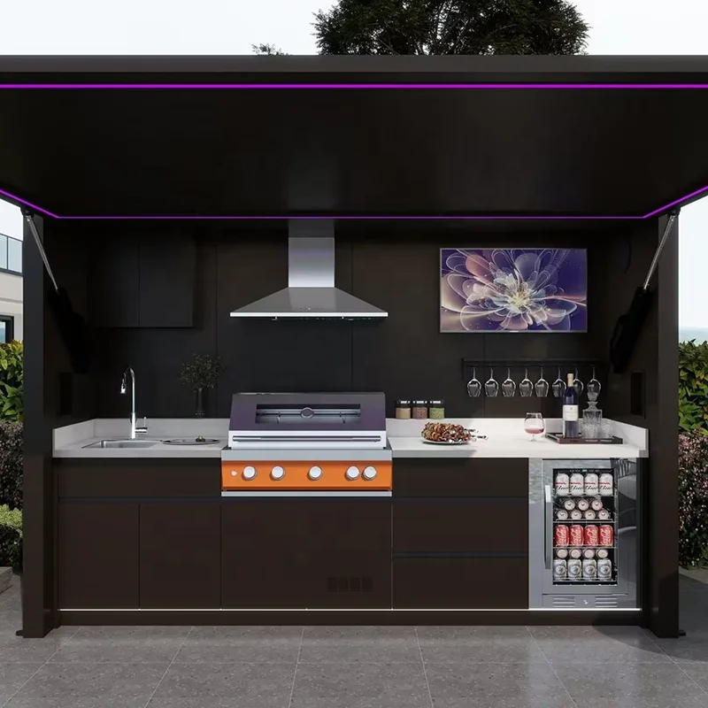 304 Stainless Steel Outdoor Kitchen Shed With Motorized Lift Up Roof BBQ Grill Island With Sink And Fridge For Patio Garden