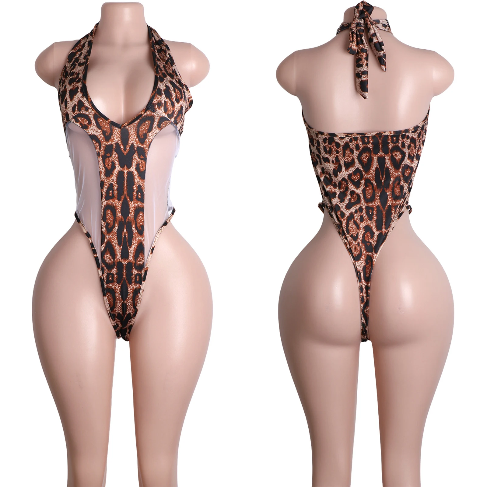 Exotic Dancewear Leopard Print Mesh Bodysuit Pole Dance Stripper Outfit Sexy Performance Wear Sheer G-string Clubwear Costume