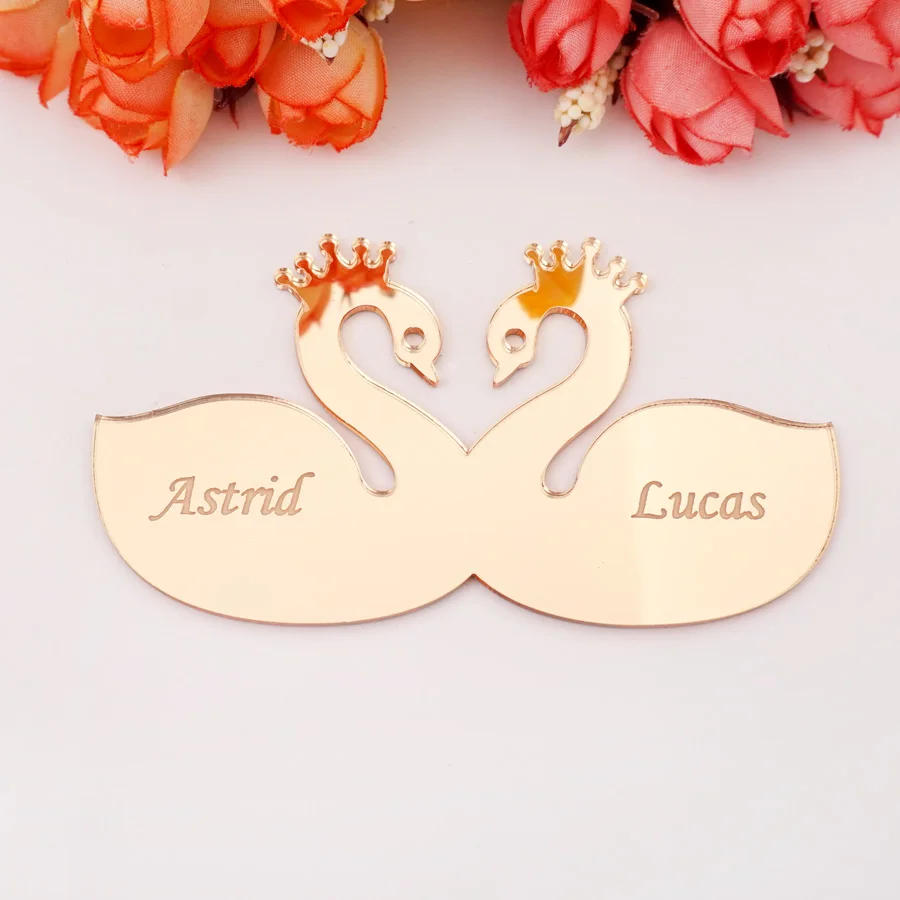 

2 Styles Custom Acrylic Mirrored Romantic Swan Design Gift Tags Personalized Name For Seat Place Card Baptism Party Decoration