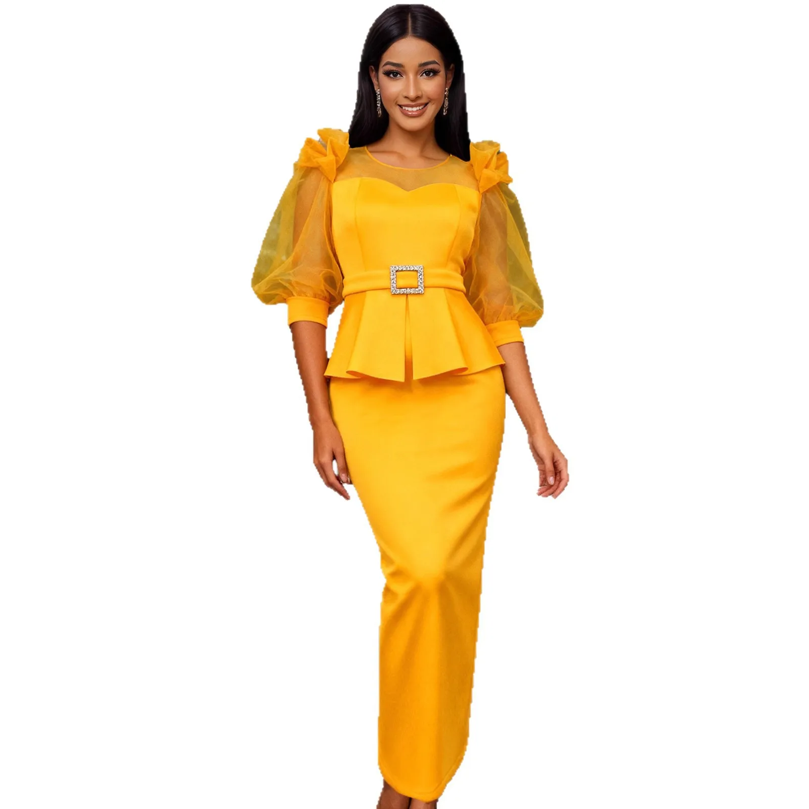 

Африканские вечерние платья больших размеров для женщин, осеннее элегантное желтое сетчатое облегающее платье макси с длинными рукавами, африканская одежда