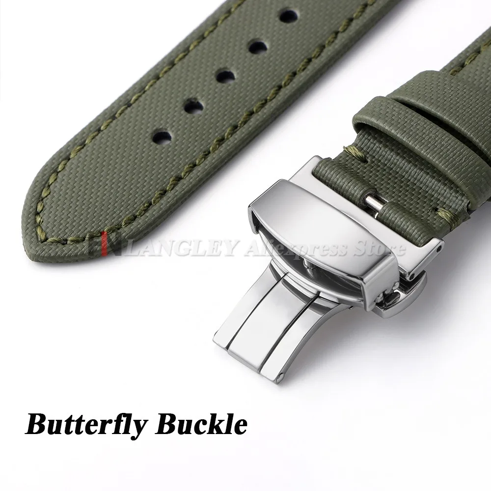 Sailcloth Nylon Leather Watchband for Omega for Seiko Business Watch Strap 18mm 20mm 22mm Butterfly Buckle Stitching Green Belts image 3