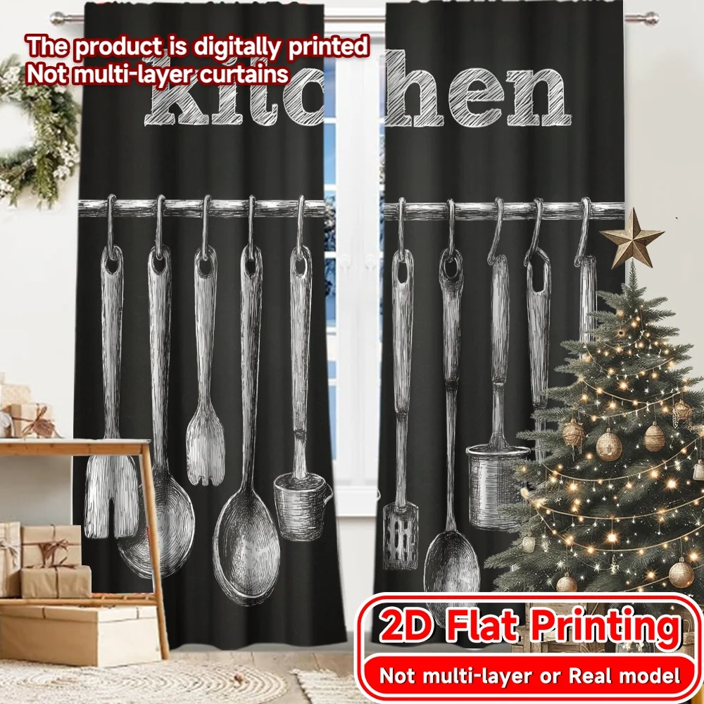 2D FLAT PRINTING 2pcs Curtains (Without Rod) Kitchen Utensils on Rack Valentine is day Festival Fashion Curtains Durable