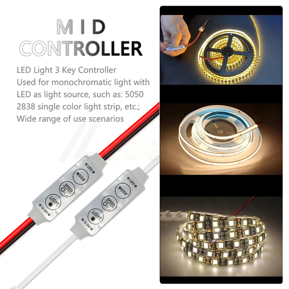 3-Key Mini LED Single Color Controller DC 12V 24V 6A Dimmer for 5630/3528/5050/2835 COB Strip Lights Brightness Dimming Control