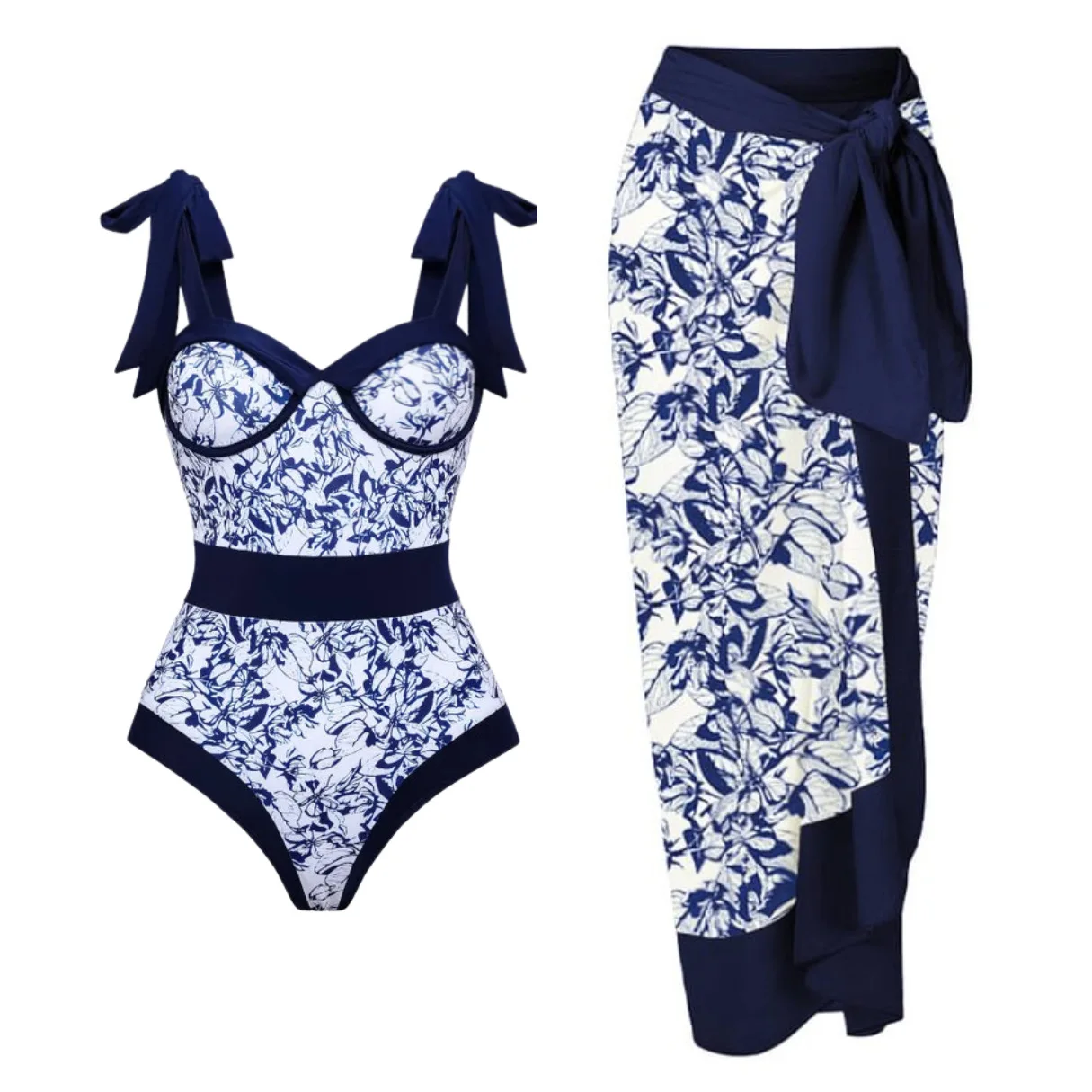One Piece Swimsuit For Women European And American One-piece Swimsuit With Lace-up Contrasting Color Printed One-piece Swimsuit