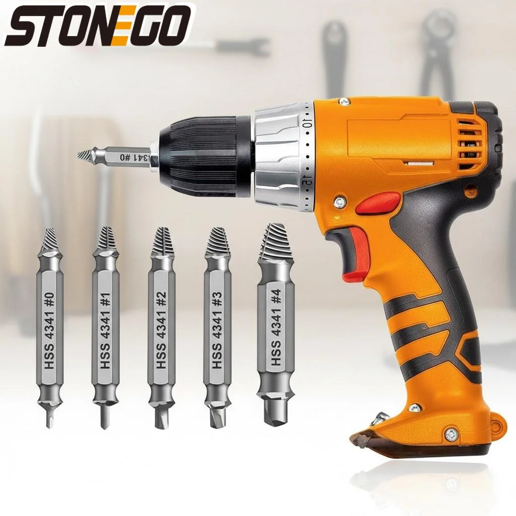 

Damaged Stripped Screw Extractor Remover Tool and Drill Bit Set Broken Bolt Extractor Screw Remover