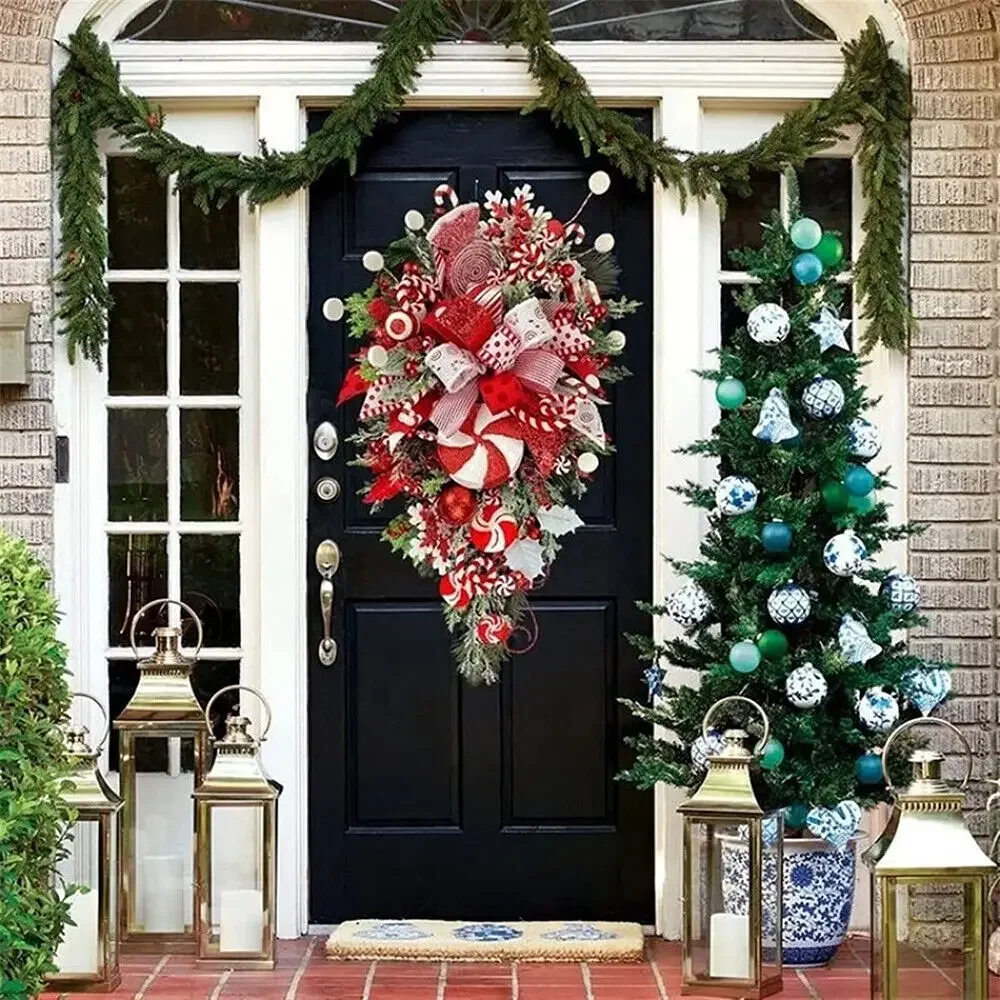 

Front Door Festive Party Supplies Hanging Christmas Wreath Garland Candy Cane Bow Ornament Xmas Wall Home Decorations Artificial