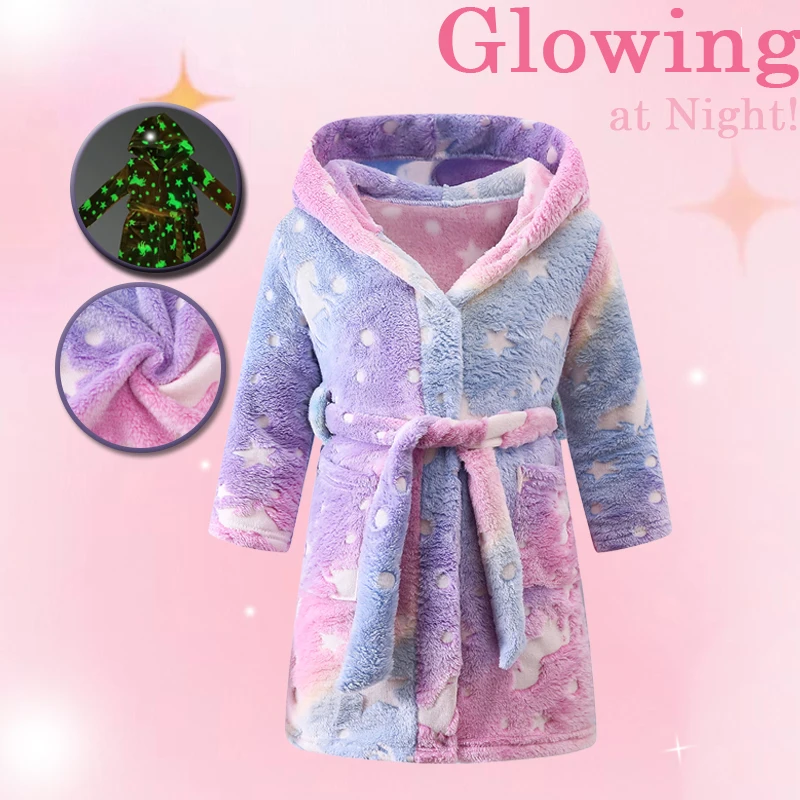 Winter Children's Flannel Bathrobe with High-Density Fabric for Warmth and Comfort, with Luminous and Cute Printed Pattern.