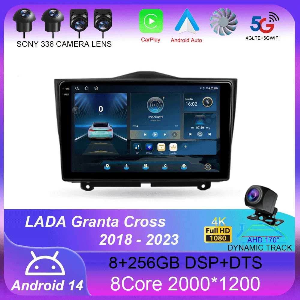 For LADA Granta Cross 2018 - 2023  Android 14 Carplay Auto 4G+WIFI GPS Car Radio Navigation Multimedia Video Player Stereo BT