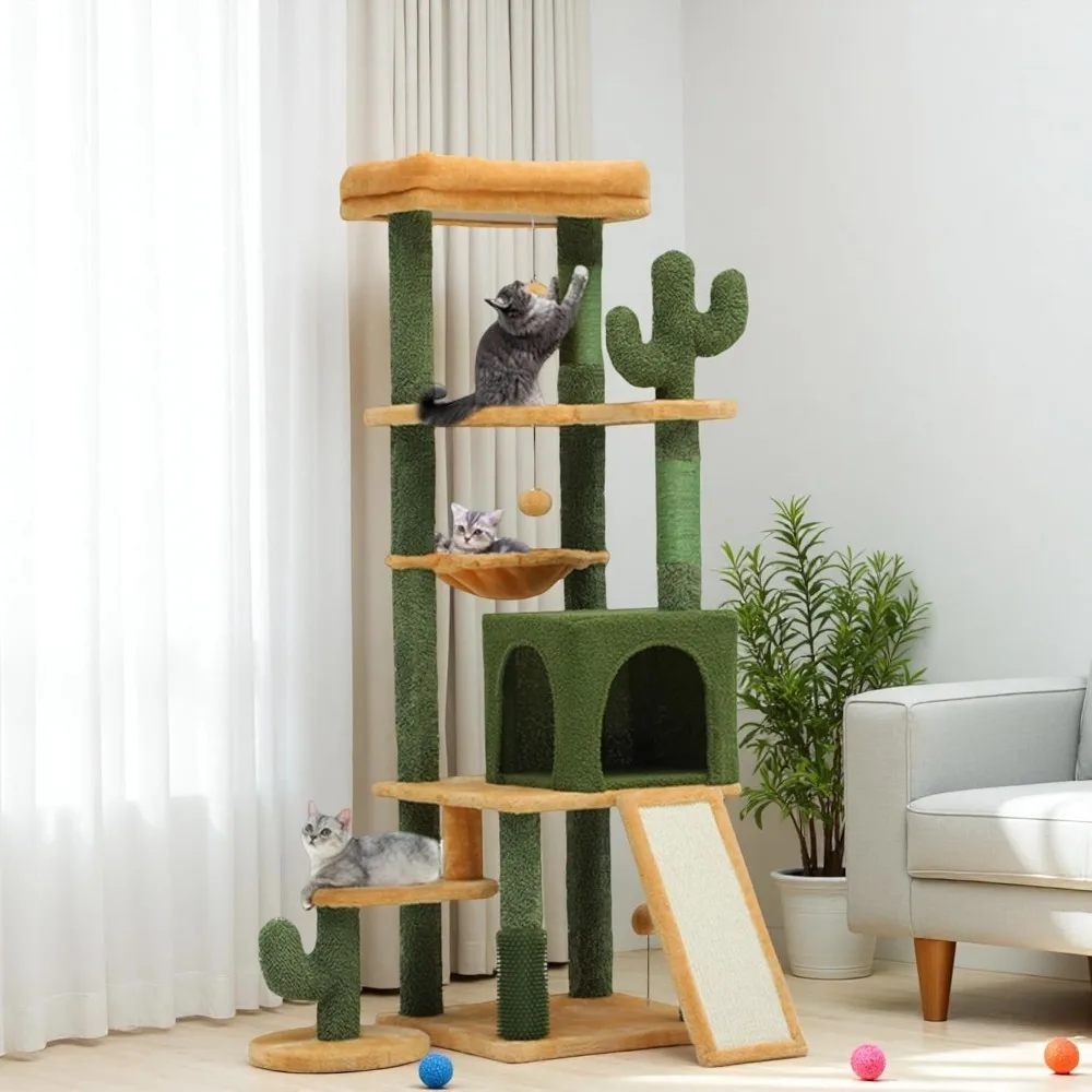 

DWVO Cactus Cat Tree for Large Cats: 60" Tall with Self-Grooming Brush, Cute Kitten Climbing Tower for Indoor Kittens with Cat C