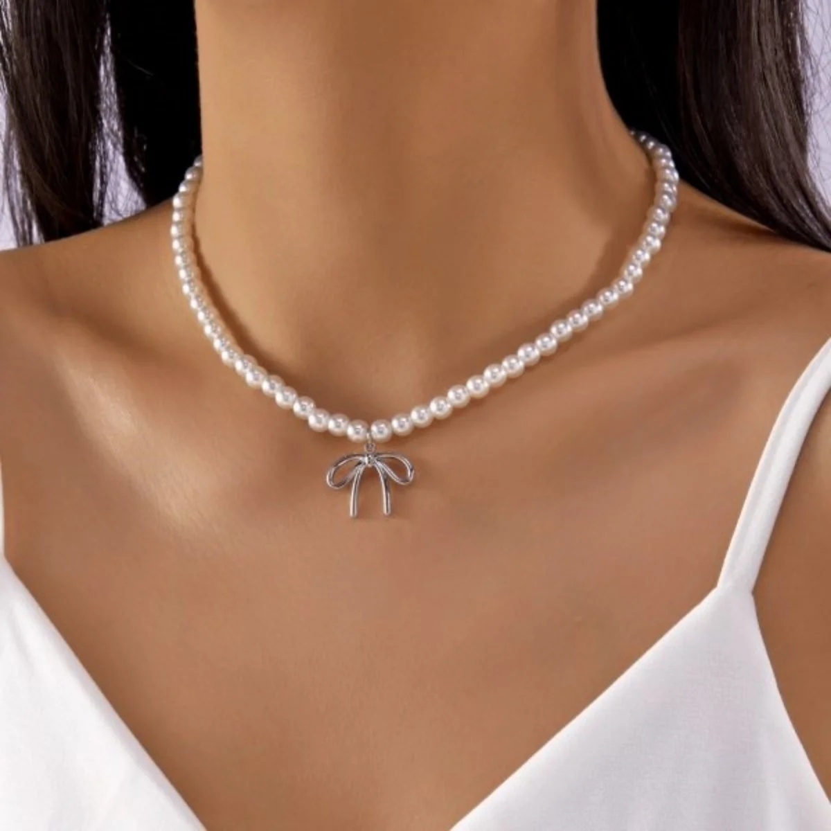 Süßer, cooler Stil Metallband-Schleife mit simulierten Perlenkette für Frauen, zierliche elegante Twist-Schleife Choker, ästhetischer Schmuck – Detail 24