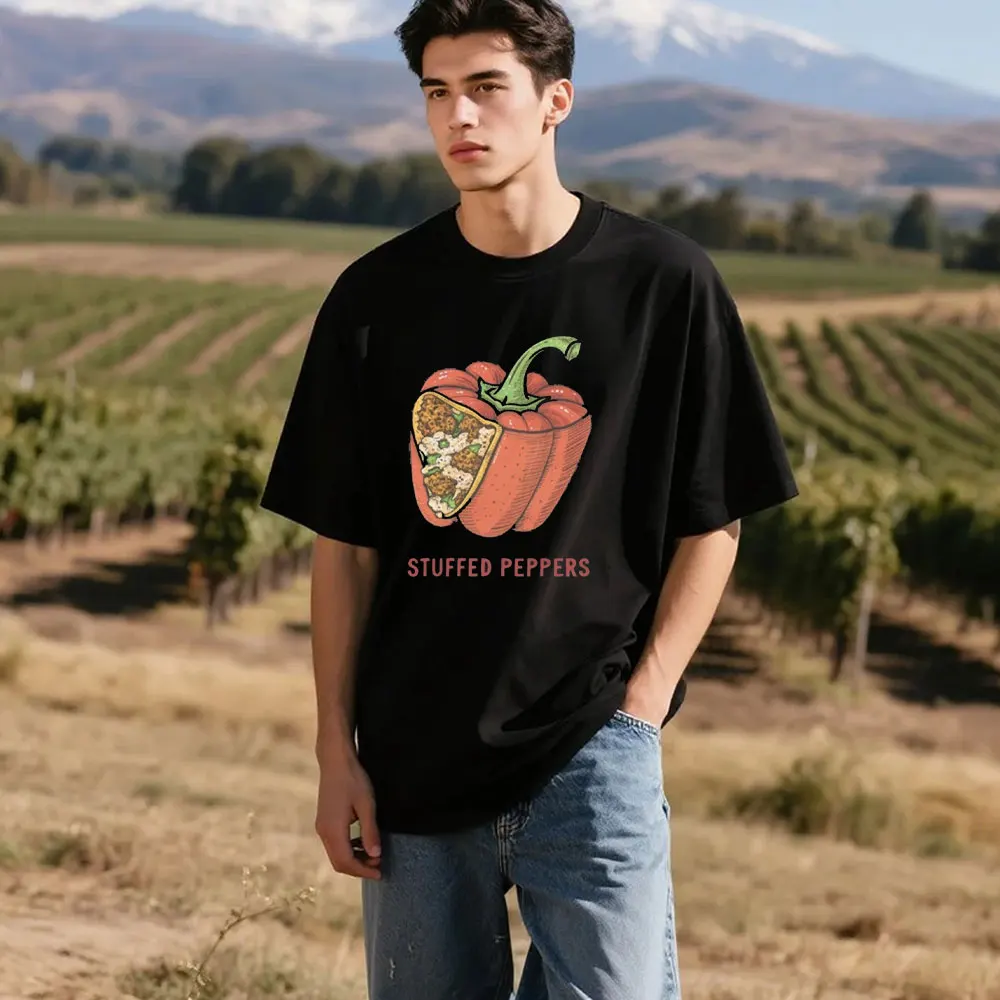 Camiseta gráfica de comida de pimientos rellenos para hombre, camiseta informal de algodón divertida para vacaciones, camiseta de cocina, regalo, ropa de calle de moda para hombres