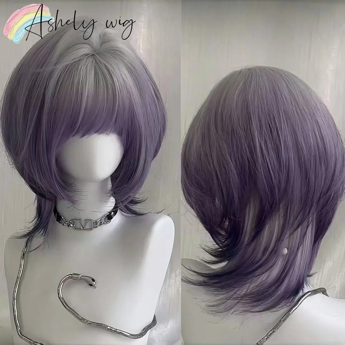 

Ombre Purple Wig with Bangs Short Straight Cute Wig for Women Synthetic Wigs Bobo 8inch Headband Wigs 가발