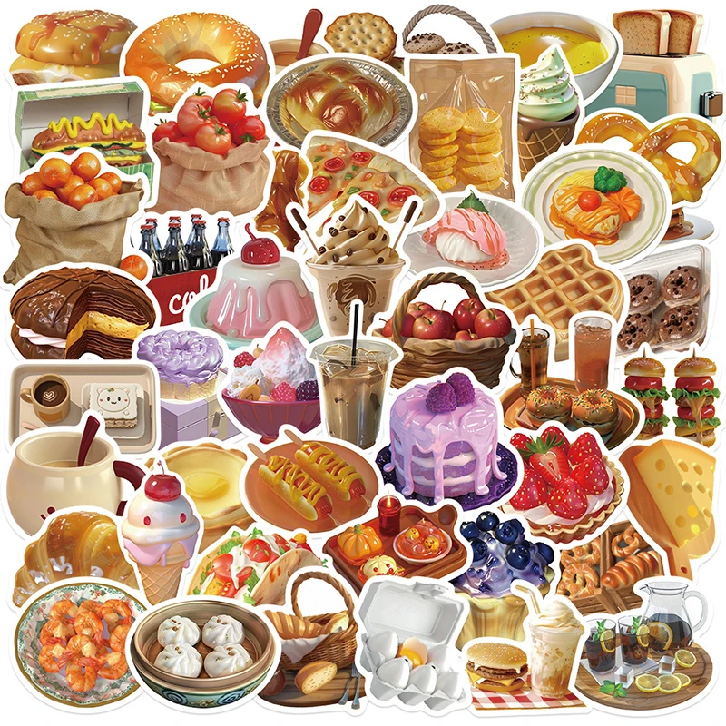 50PCS Delicious Food Stickers Cute Cake Ice Cream Donut Pattern INS Aesthetic Decals Waterproof Vinyl Stickers Pack for Laptop