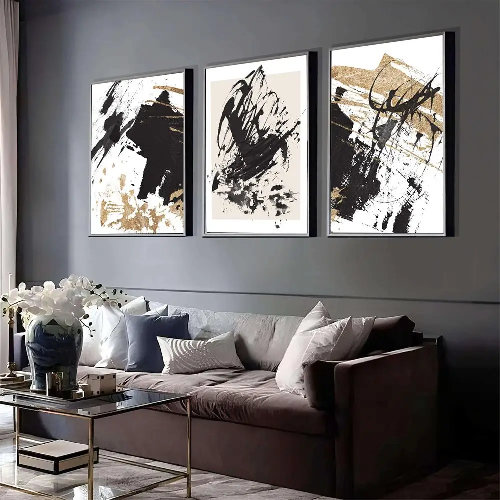 

Modern Abstract Pattern Black Gold Paint Stain Abstract Theme Canvas Painting Poster Print Wall Art Picture Decoration for home