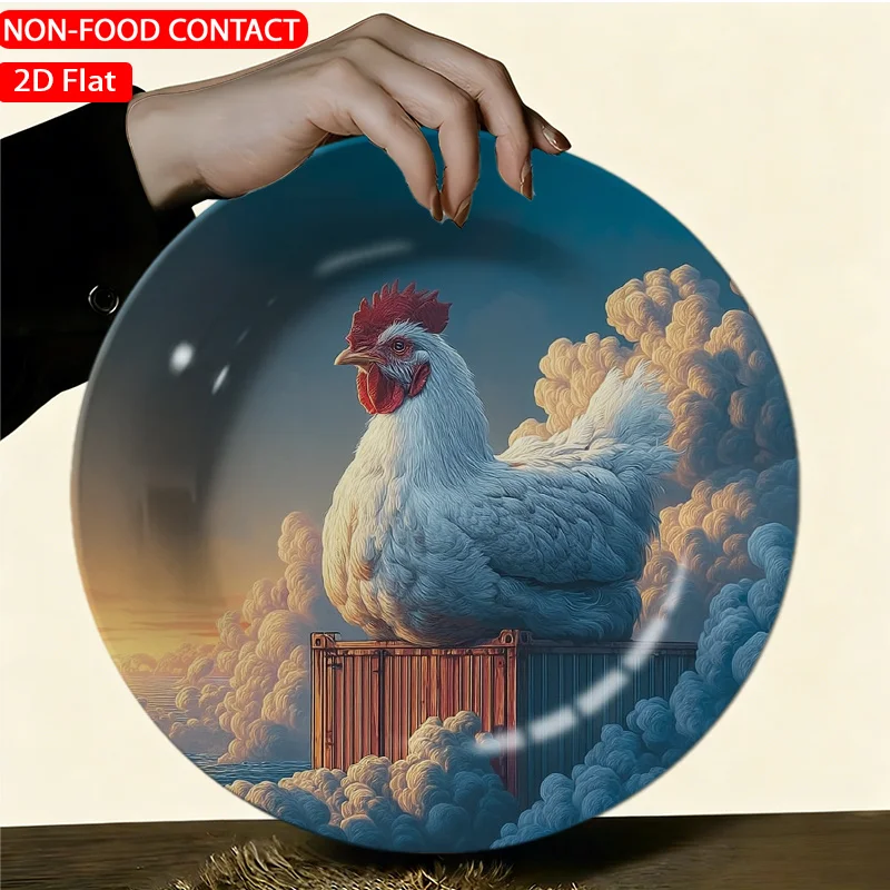 1pc Elegant Ceramic Decorative Plate Artistic Rooster White Theme Design Non-food Contact, Home Desk Ornaments, Living Room and