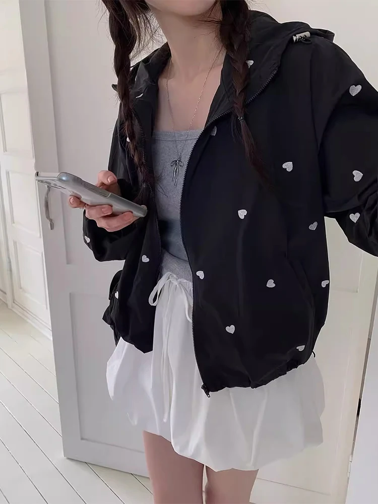 Chaqueta Cortavientos Informal Hoada con Estampado de Corazón Bordado, Estilo Juvenil y Dulce, Nueva Colección de Otoño, Pr...