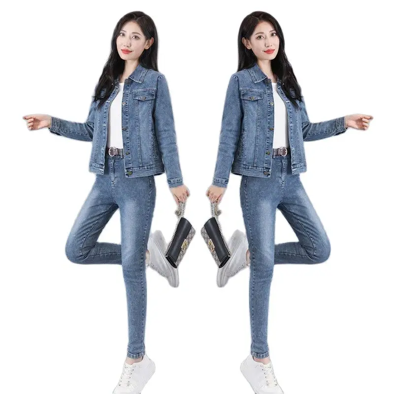 2023 Autumn New Jeans Suit Women Small Foot Pants Two-piece Korean Casual Age-reducing Fashion High Waist slim Denim Female Sets